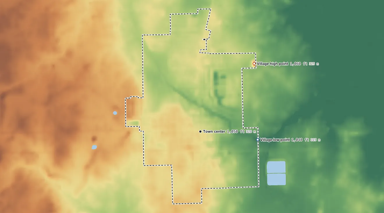 Topographic elevation map of Arcanum, Ohio, shaded from 1,040 ft on the east side to 1,060 ft on the northeast side