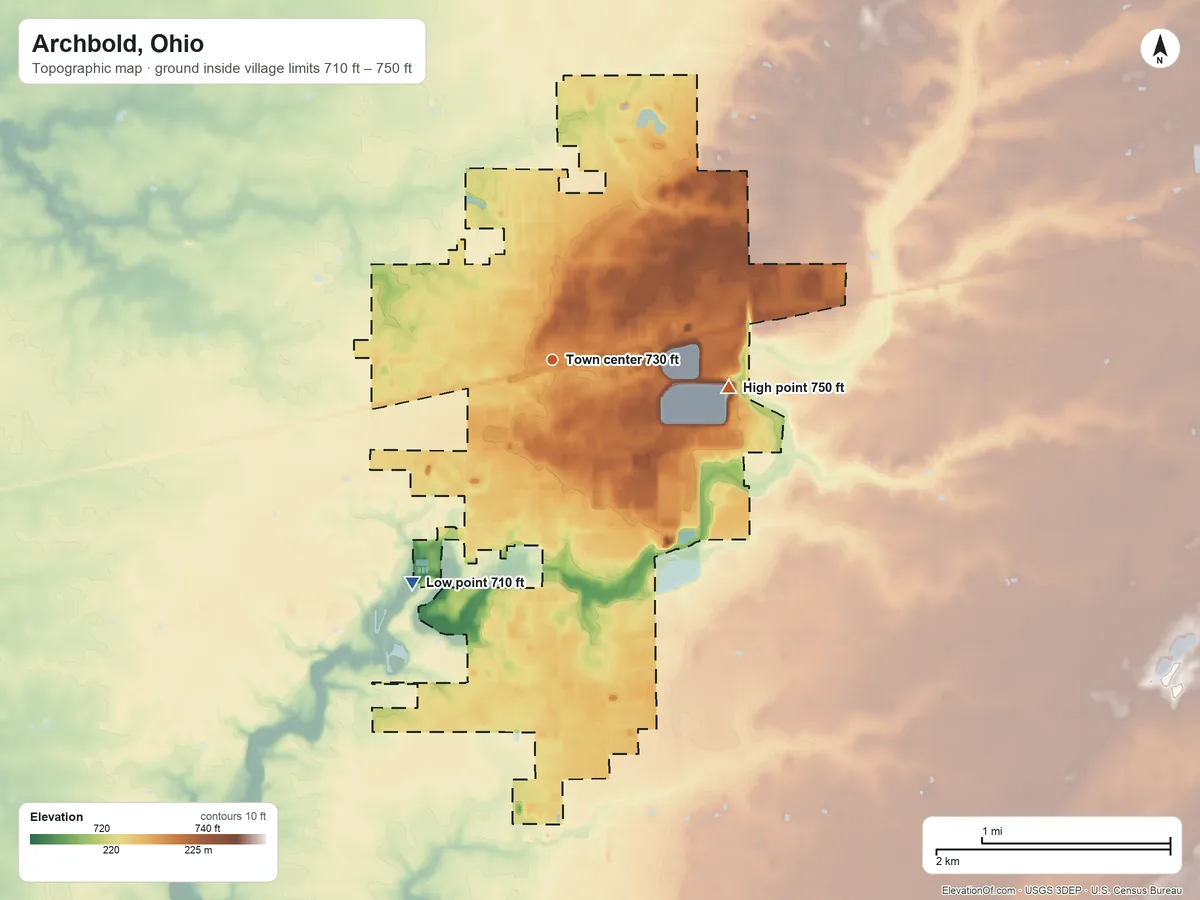 Topographic elevation map of Archbold, Ohio, shaded from 710 ft on the southwest side to 750 ft on the east side
