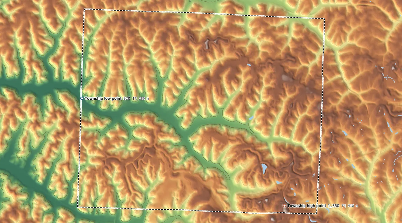 Topographic elevation map of Archer Township, Ohio, shaded from 920 ft on the west side to 1,350 ft on the southeast side