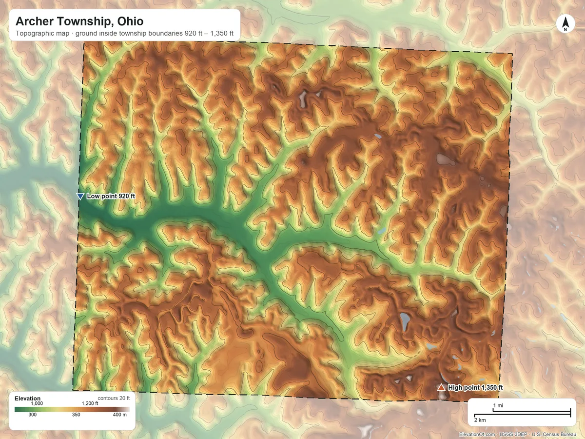 Topographic elevation map of Archer Township, Ohio, shaded from 920 ft on the west side to 1,350 ft on the southeast side