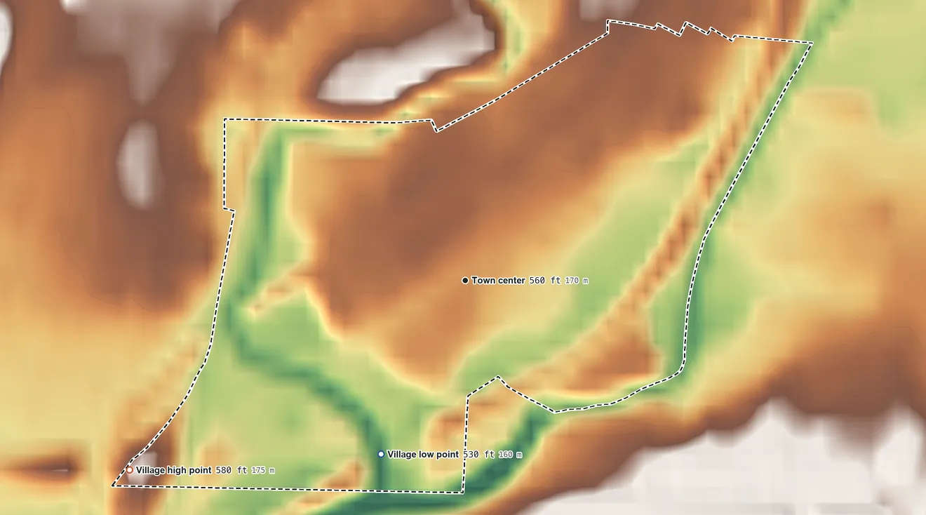 Topographic elevation map of Arlington Heights, Ohio, shaded from 530 ft on the southwest side to 580 ft on the southwest side
