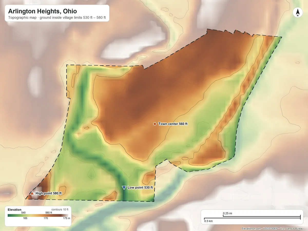 Topographic elevation map of Arlington Heights, Ohio, shaded from 530 ft on the southwest side to 580 ft on the southwest side