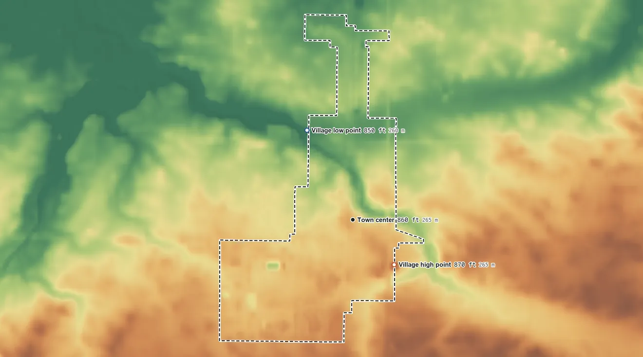 Topographic elevation map of Arlington, Ohio, shaded from 850 ft on the northwest side to 870 ft on the southeast side