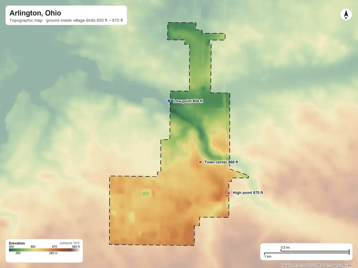 Topographic elevation map of Arlington, Ohio, shaded from 850 ft on the northwest side to 870 ft on the southeast side