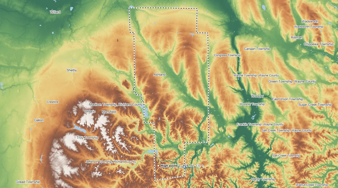 Topographic elevation map of Ashland County, Ohio, shaded from 910 ft on the south side to 1,410 ft on the south side