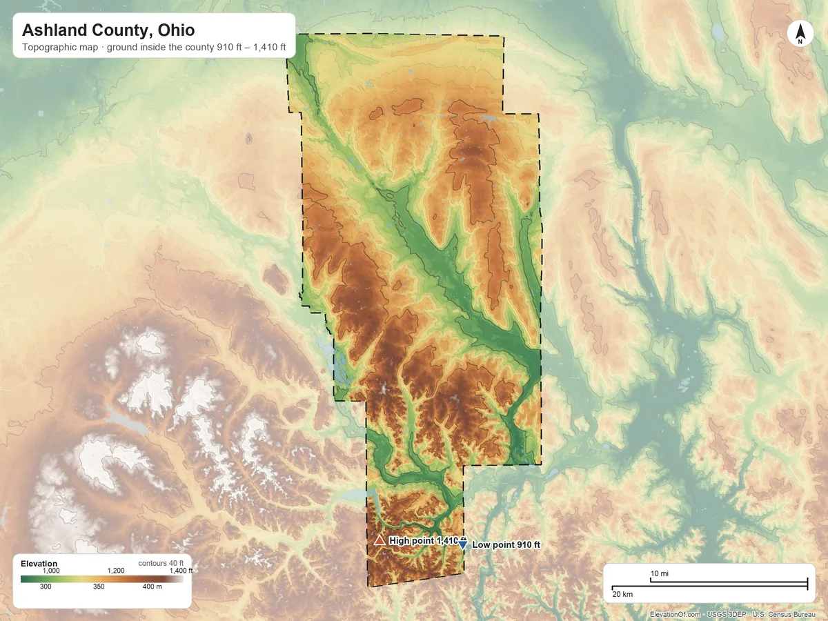 Topographic elevation map of Ashland County, Ohio, shaded from 910 ft on the south side to 1,410 ft on the south side