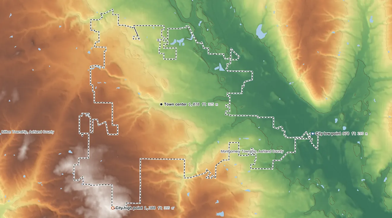 Topographic elevation map of Ashland, Ohio, shaded from 970 ft on the east side to 1,300 ft on the southwest side