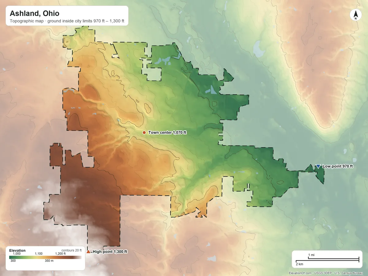 Topographic elevation map of Ashland, Ohio, shaded from 970 ft on the east side to 1,300 ft on the southwest side