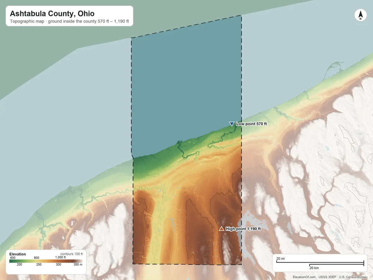 Topographic elevation map of Ashtabula County, Ohio, shaded from 570 ft on the east side to 1,190 ft on Owens Mound