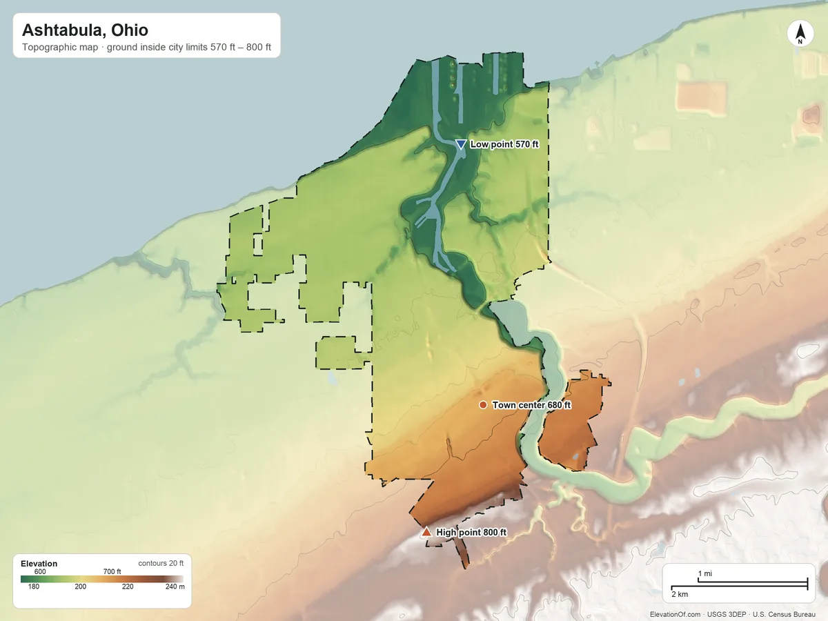 Topographic elevation map of Ashtabula, Ohio, shaded from 570 ft on the north side to 800 ft on the southwest side