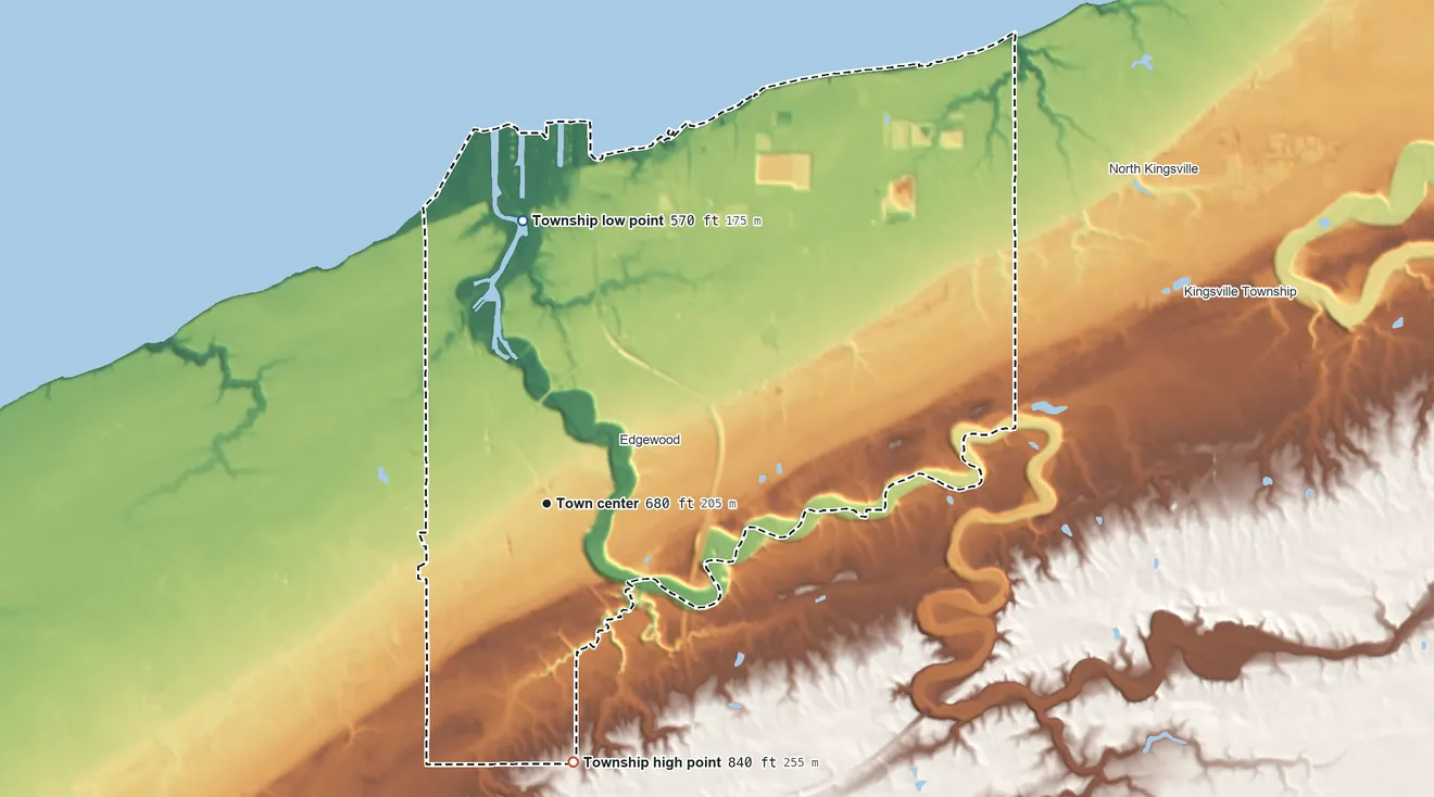 Topographic elevation map of Ashtabula Township, Ohio, shaded from 570 ft on the north side to 840 ft on the south side