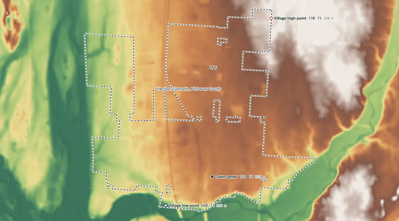 Topographic elevation map of Ashville, Ohio, shaded from 680 ft on the southwest side to 730 ft on the north side