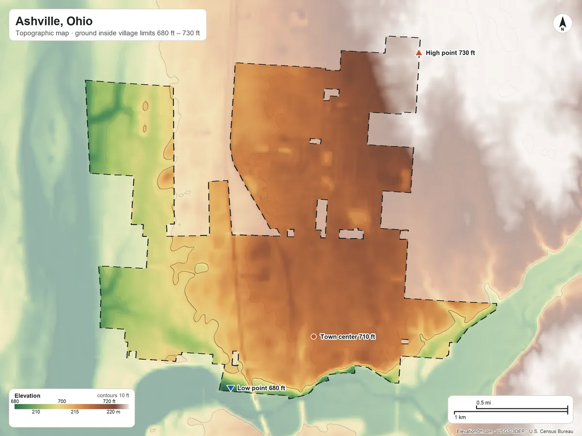 Topographic elevation map of Ashville, Ohio, shaded from 680 ft on the southwest side to 730 ft on the north side