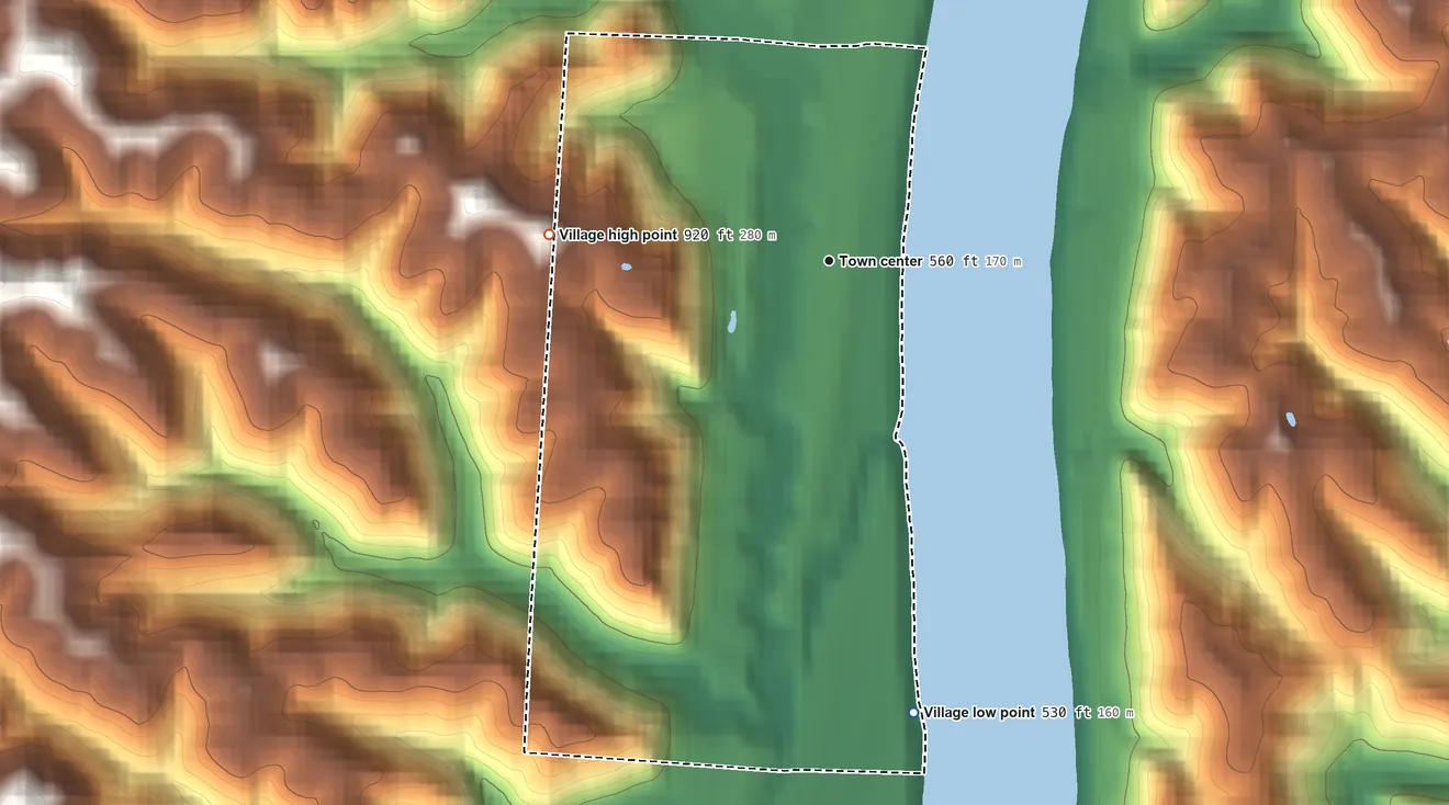 Topographic elevation map of Athalia, Ohio, shaded from 530 ft on the south side to 920 ft on the west side