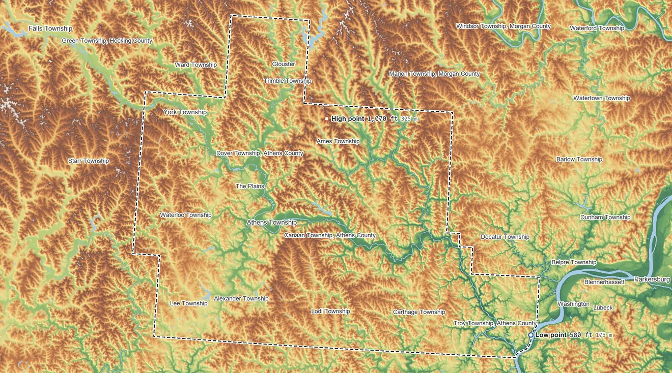 Topographic elevation map of Athens County, Ohio, shaded from 580 ft on the southeast side to 1,070 ft on the north side