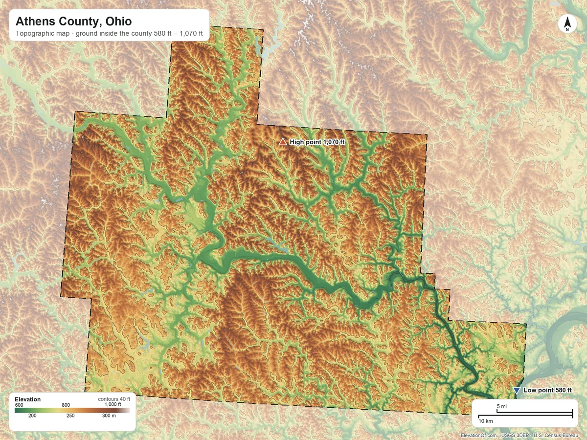 Topographic elevation map of Athens County, Ohio, shaded from 580 ft on the southeast side to 1,070 ft on the north side