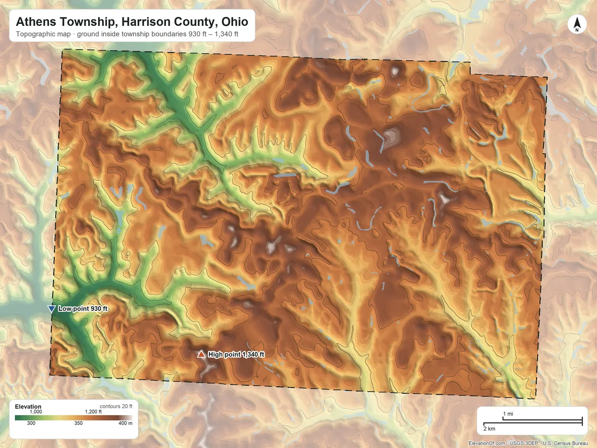 Topographic elevation map of Athens Township, Harrison County, Ohio, shaded from 930 ft on the west side to 1,340 ft on the west side