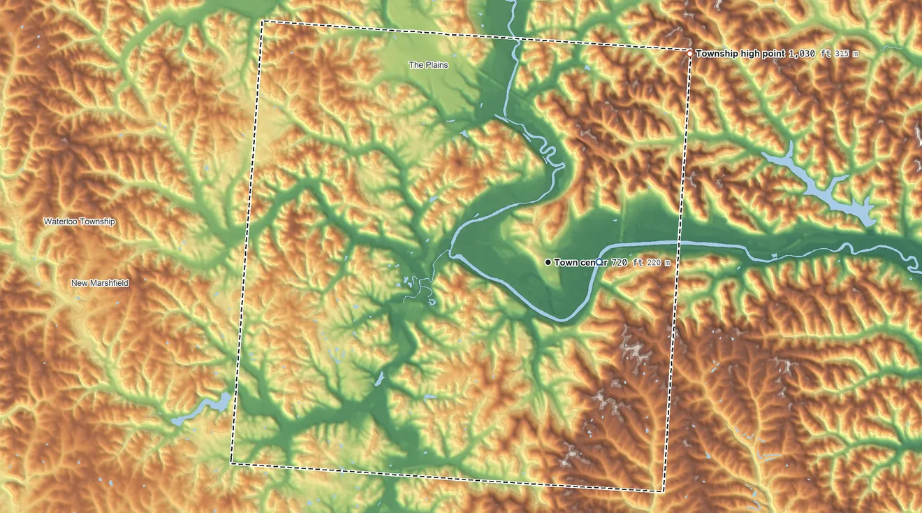 Topographic elevation map of Athens Township, Ohio, shaded from 620 ft near the middle to 1,030 ft on the northeast side