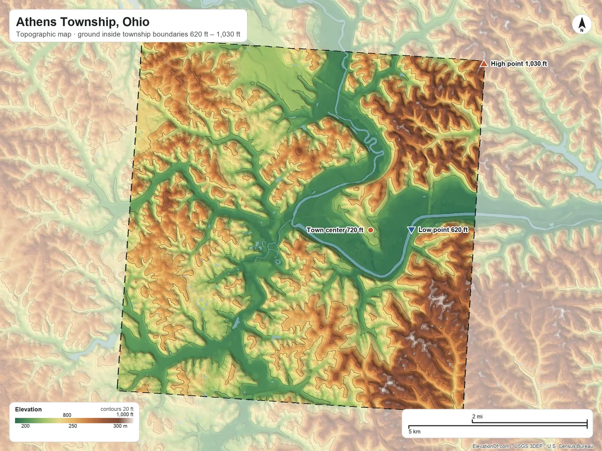 Topographic elevation map of Athens Township, Ohio, shaded from 620 ft near the middle to 1,030 ft on the northeast side