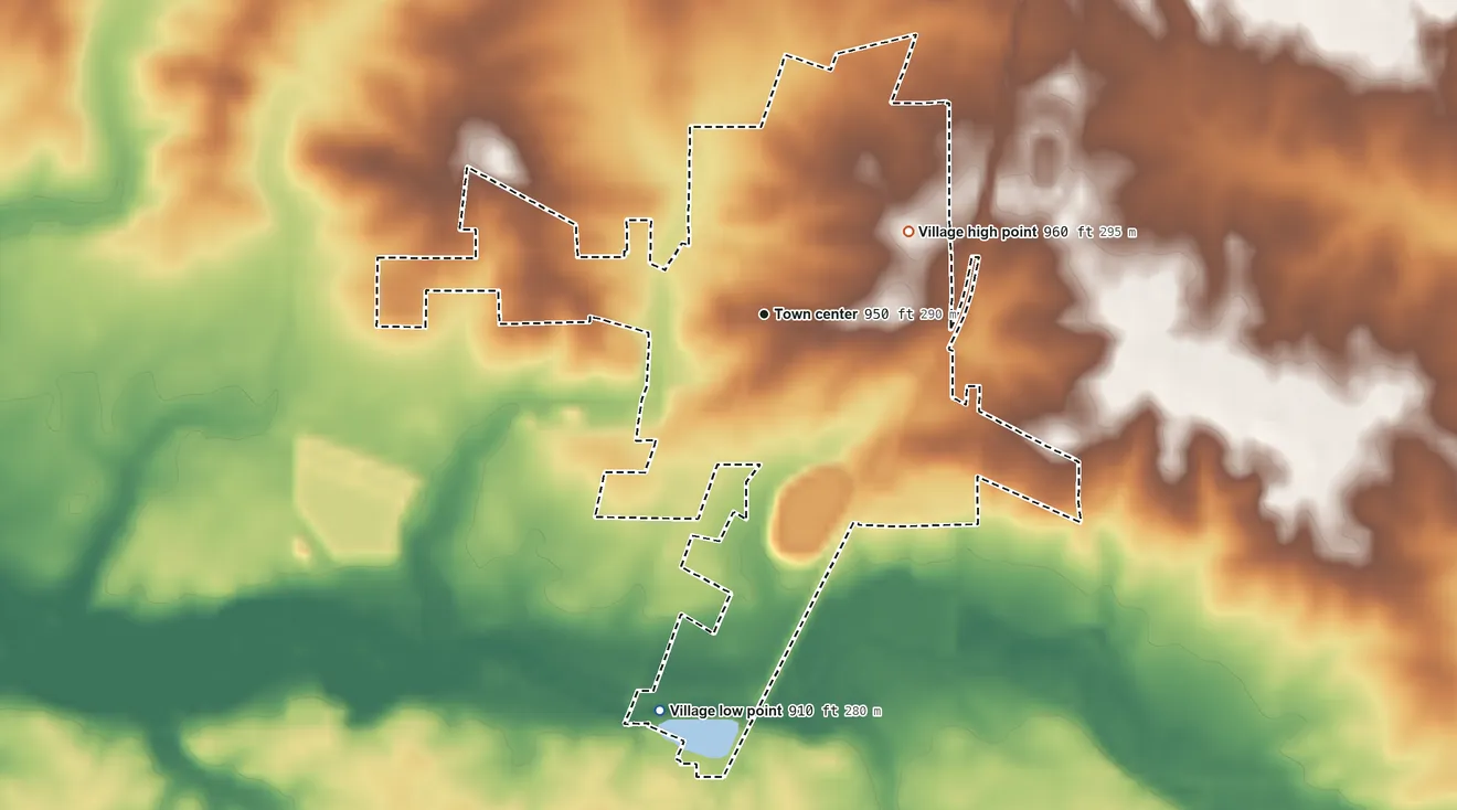Topographic elevation map of Attica, Ohio, shaded from 910 ft on the south side to 960 ft on the northeast side