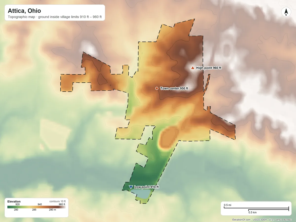 Topographic elevation map of Attica, Ohio, shaded from 910 ft on the south side to 960 ft on the northeast side