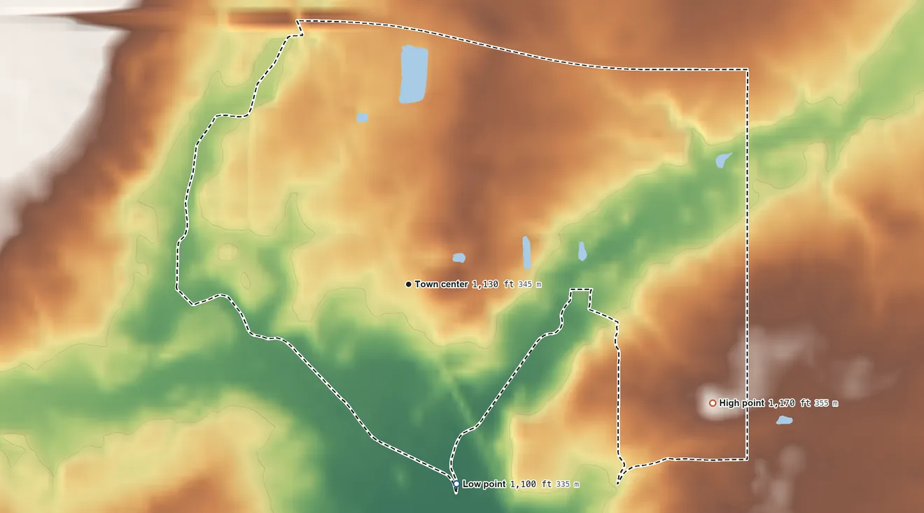 Topographic elevation map of Atwater, Ohio, shaded from 1,100 ft on the south side to 1,170 ft on the east side