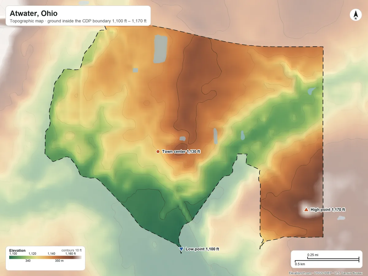 Topographic elevation map of Atwater, Ohio, shaded from 1,100 ft on the south side to 1,170 ft on the east side