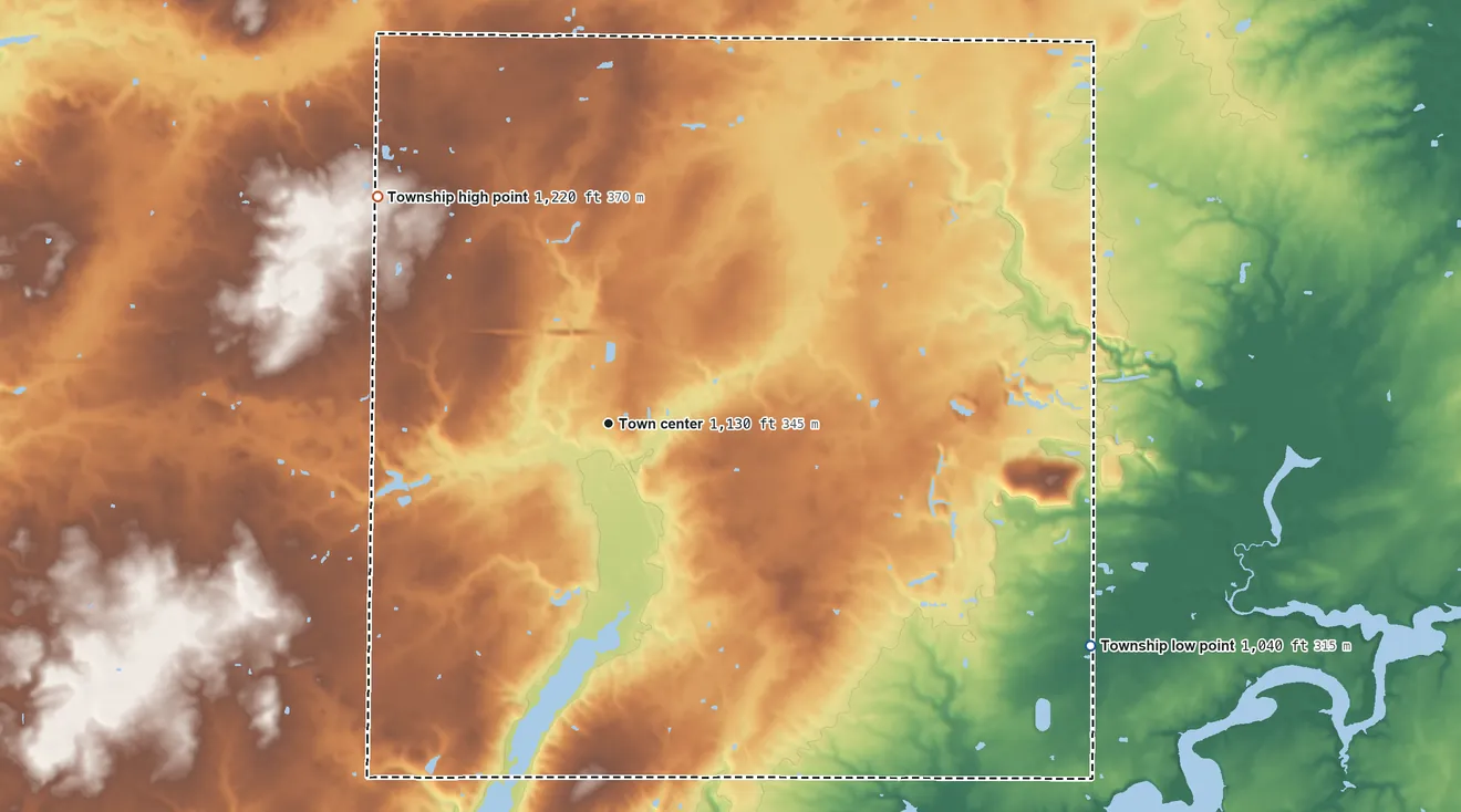 Topographic elevation map of Atwater Township, Ohio, shaded from 1,040 ft on the southeast side to 1,220 ft on the northwest side