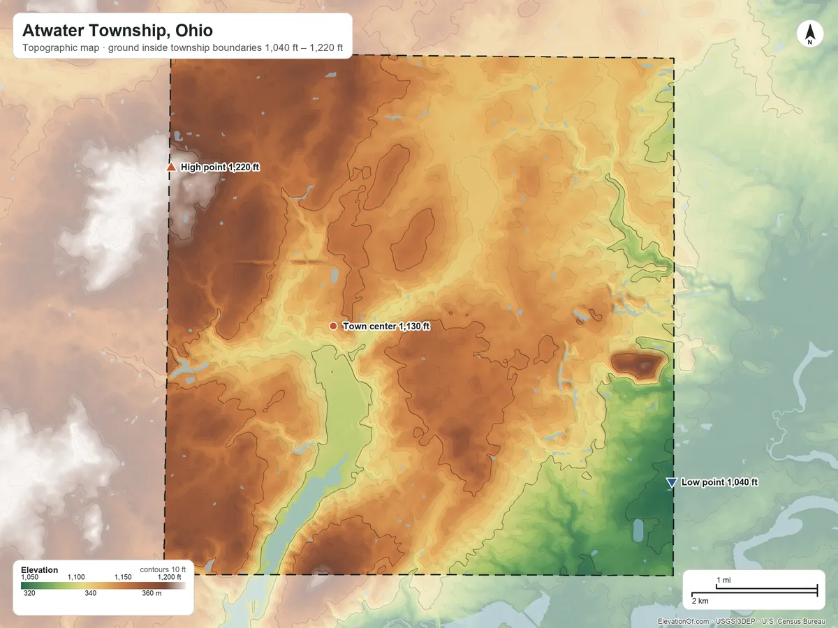 Topographic elevation map of Atwater Township, Ohio, shaded from 1,040 ft on the southeast side to 1,220 ft on the northwest side