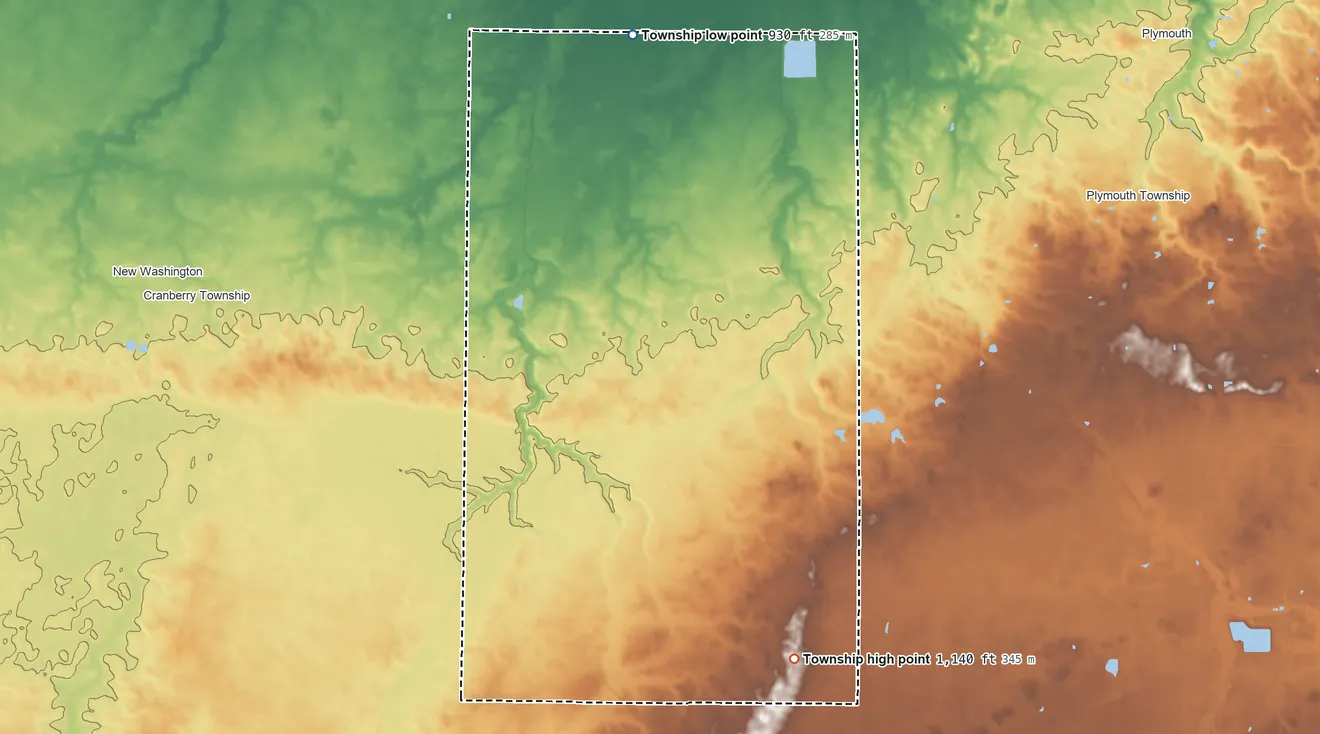 Topographic elevation map of Auburn Township, Crawford County, Ohio, shaded from 930 ft on the north side to 1,140 ft on the southeast side