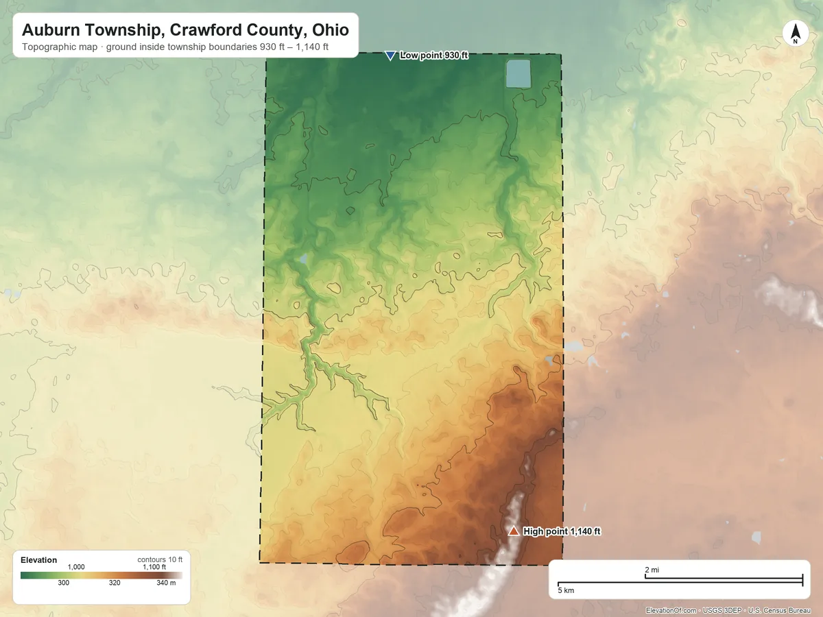 Topographic elevation map of Auburn Township, Crawford County, Ohio, shaded from 930 ft on the north side to 1,140 ft on the southeast side