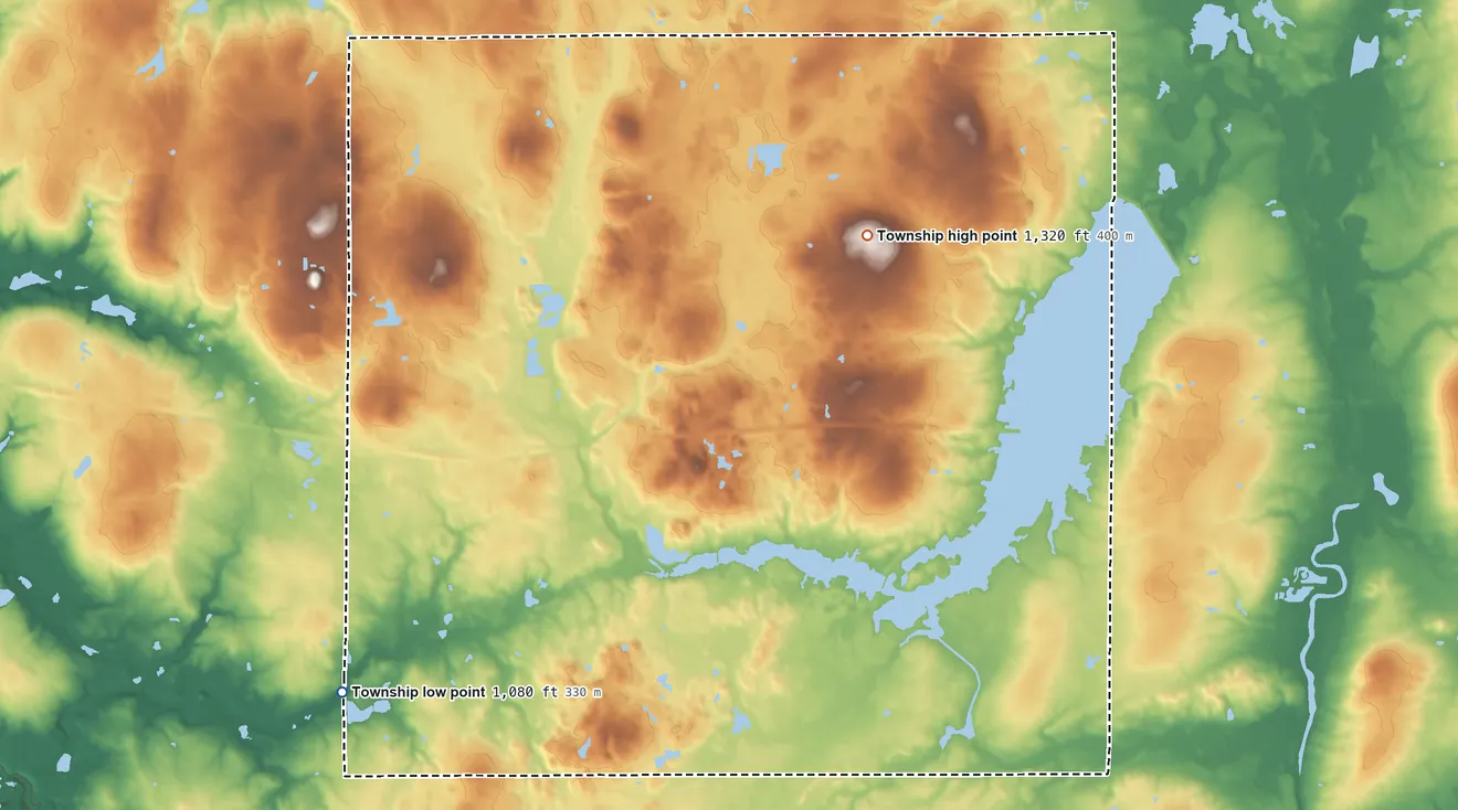 Topographic elevation map of Auburn Township, Ohio, shaded from 1,080 ft on the southwest side to 1,320 ft on the northeast side