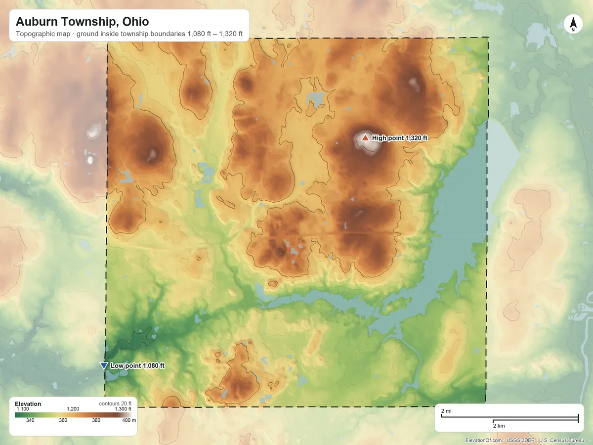 Topographic elevation map of Auburn Township, Ohio, shaded from 1,080 ft on the southwest side to 1,320 ft on the northeast side