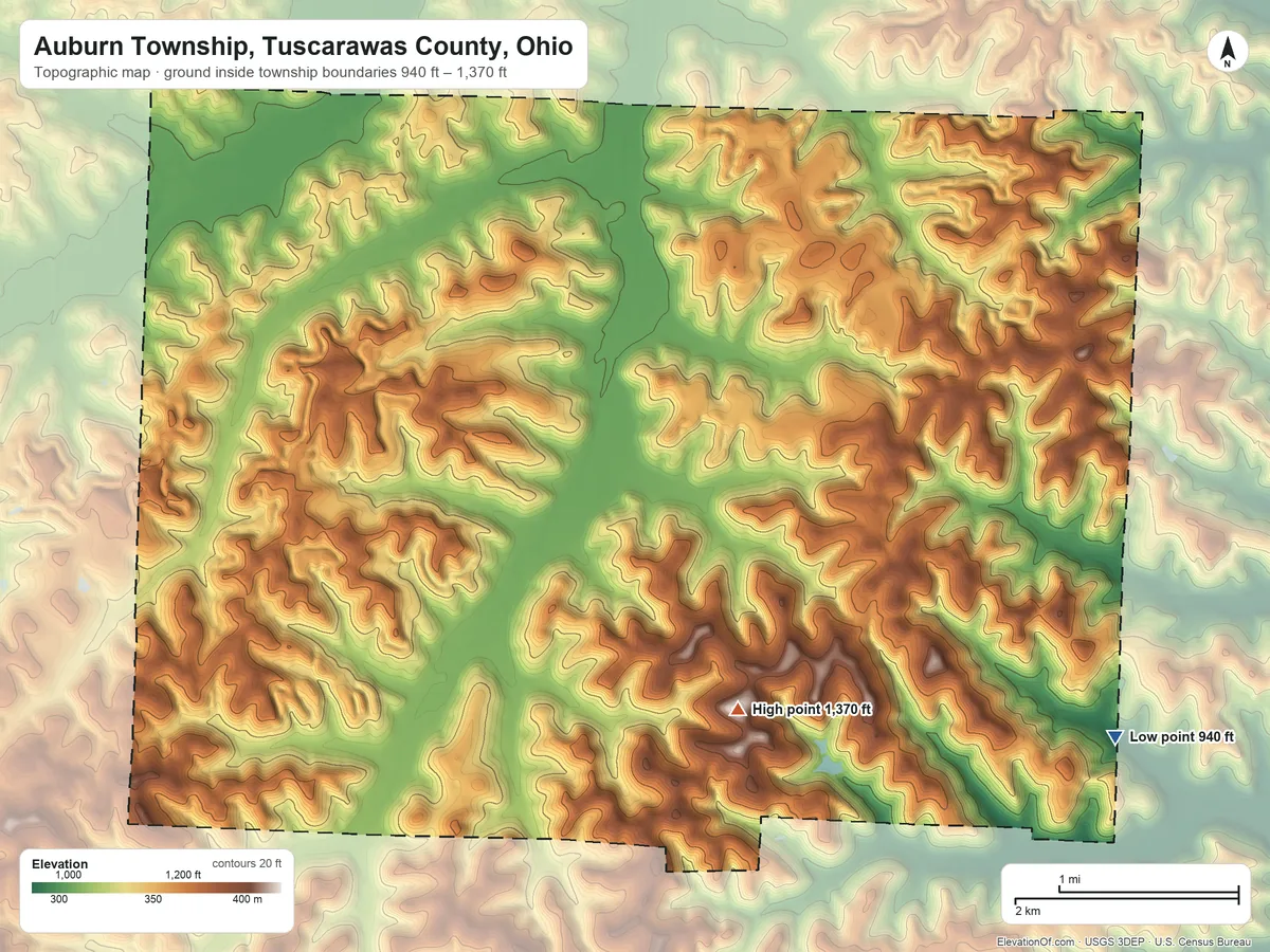 Topographic elevation map of Auburn Township, Tuscarawas County, Ohio, shaded from 940 ft on the southeast side to 1,370 ft on the southeast side