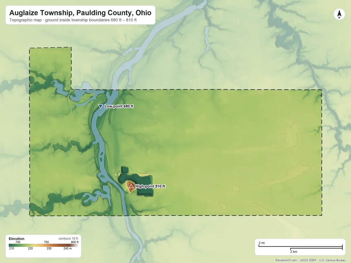 Topographic elevation map of Auglaize Township, Paulding County, Ohio, shaded from 680 ft on the northwest side to 810 ft on the south side