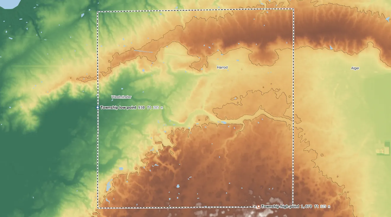Topographic elevation map of Auglaize Township, Ohio, shaded from 930 ft on the west side to 1,070 ft on the southeast side