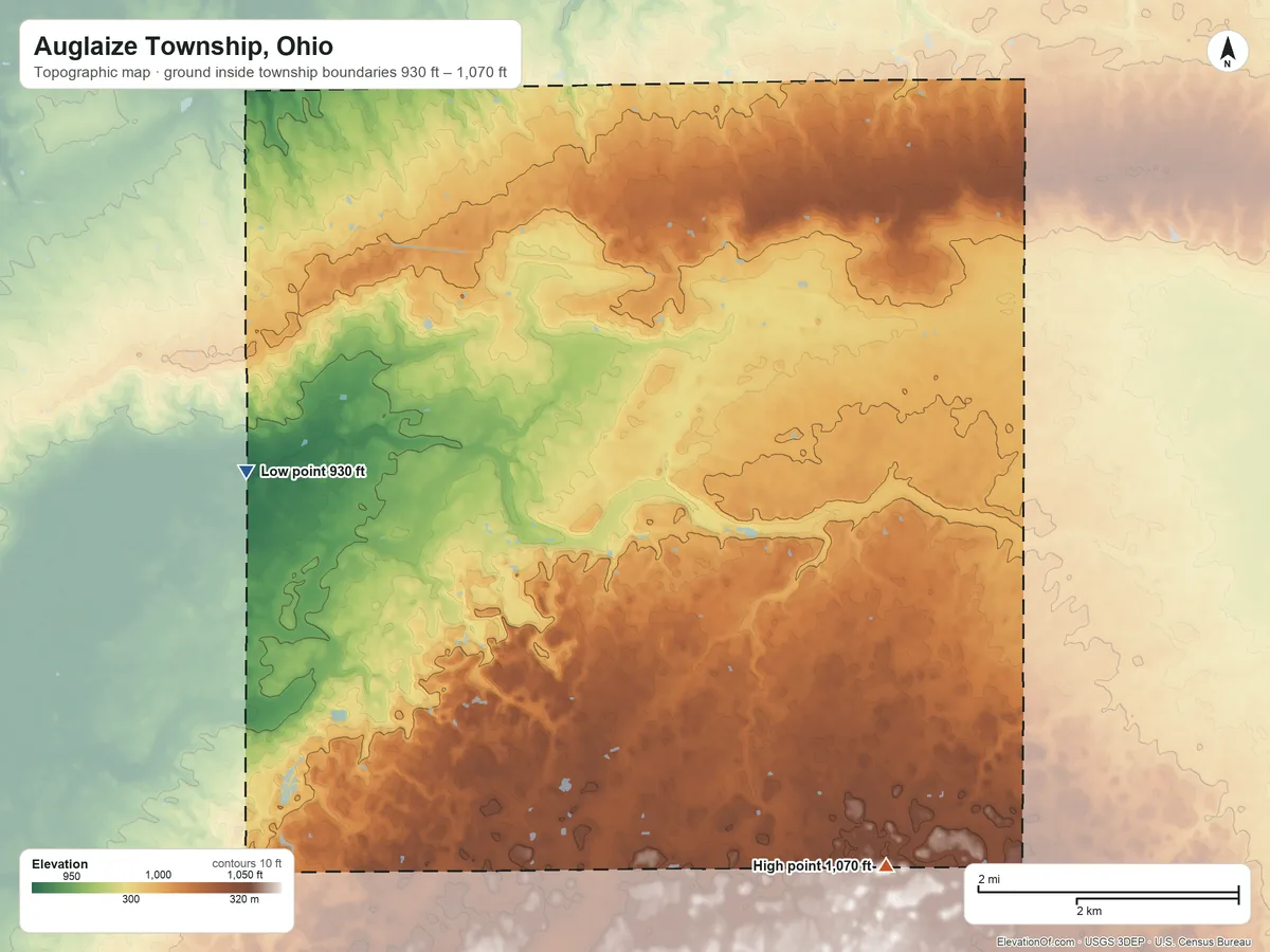 Topographic elevation map of Auglaize Township, Ohio, shaded from 930 ft on the west side to 1,070 ft on the southeast side