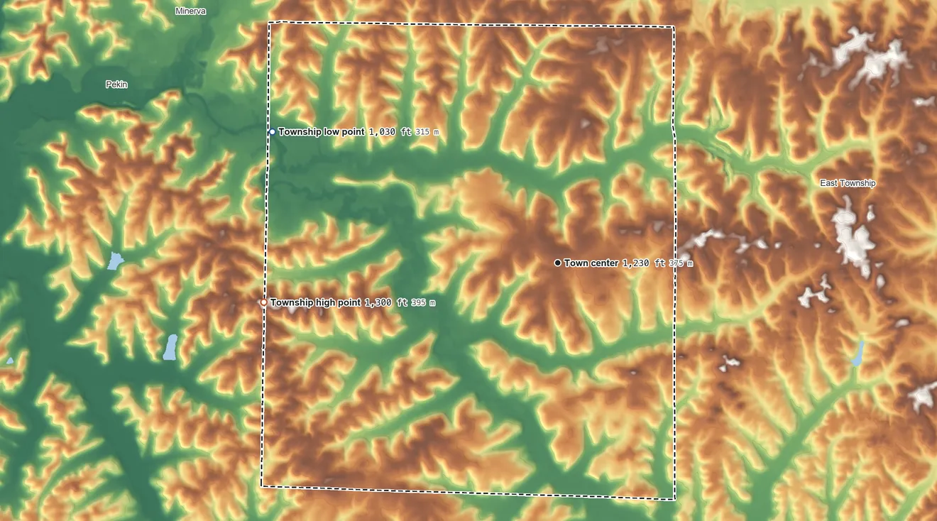 Topographic elevation map of Augusta Township, Ohio, shaded from 1,030 ft on the northwest side to 1,300 ft on the west side