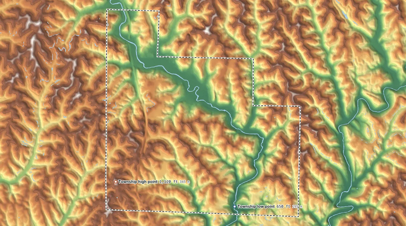 Topographic elevation map of Aurelius Township, Ohio, shaded from 650 ft on the south side to 1,120 ft on the southwest side
