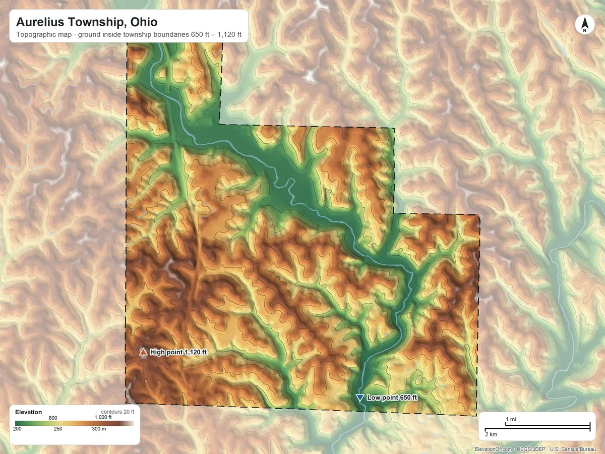 Topographic elevation map of Aurelius Township, Ohio, shaded from 650 ft on the south side to 1,120 ft on the southwest side