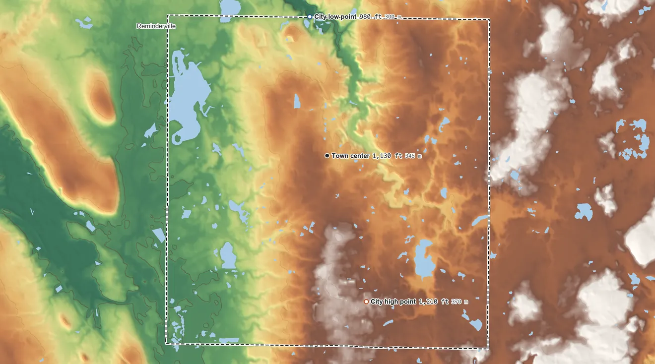 Topographic elevation map of Aurora, Ohio, shaded from 980 ft on the north side to 1,210 ft on the south side