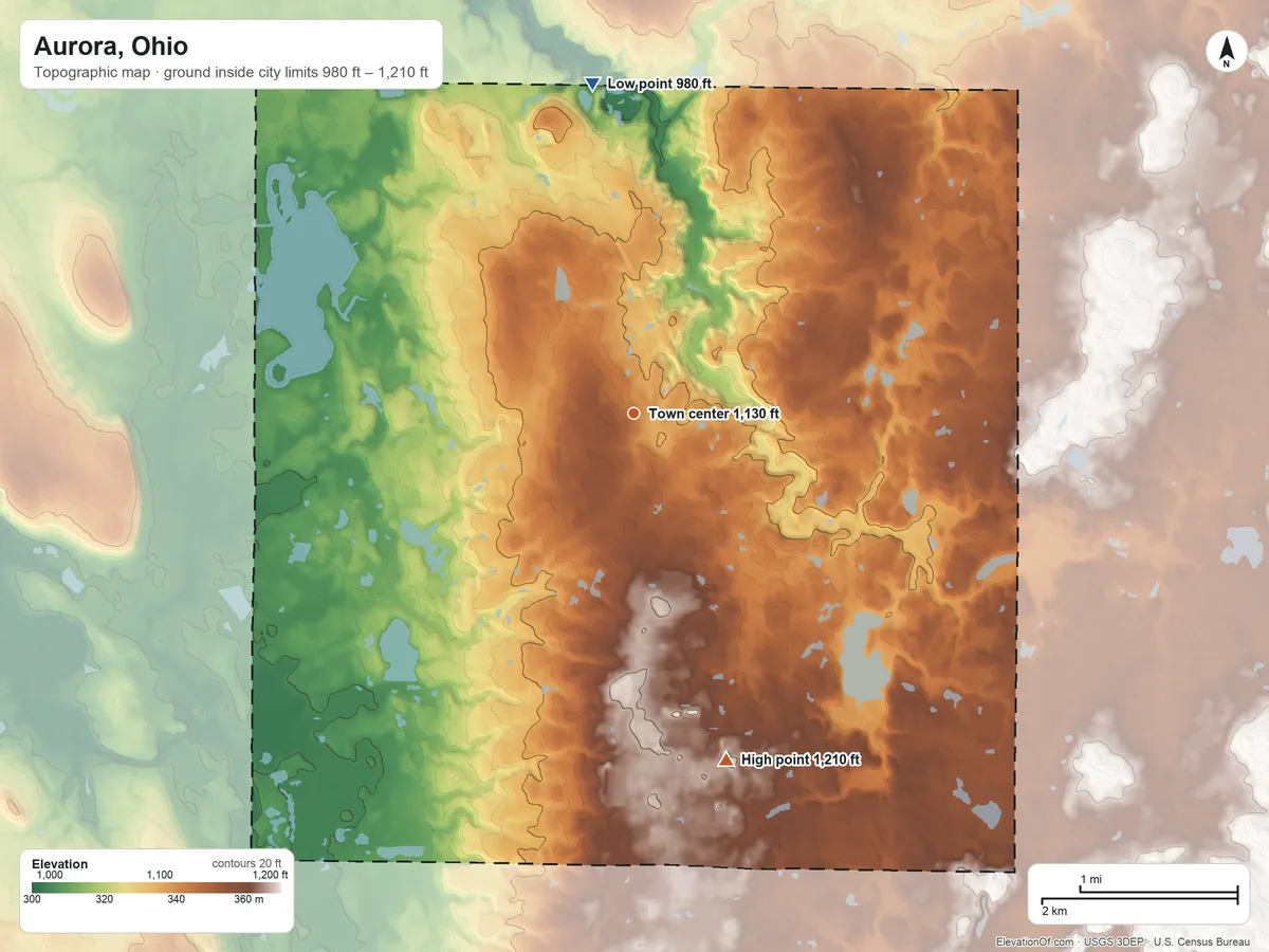 Topographic elevation map of Aurora, Ohio, shaded from 980 ft on the north side to 1,210 ft on the south side