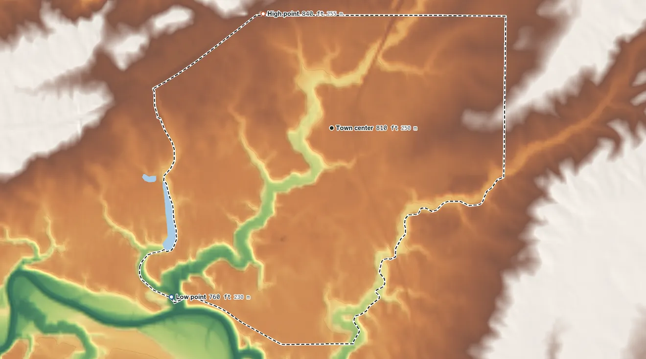 Topographic elevation map of Austinburg, Ohio, shaded from 760 ft on the southwest side to 840 ft on the northwest side