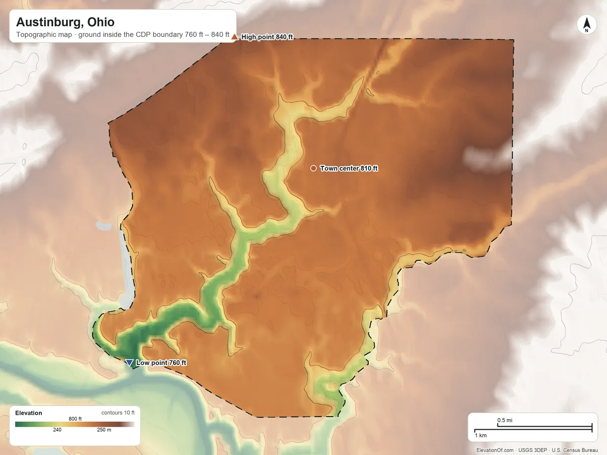 Topographic elevation map of Austinburg, Ohio, shaded from 760 ft on the southwest side to 840 ft on the northwest side