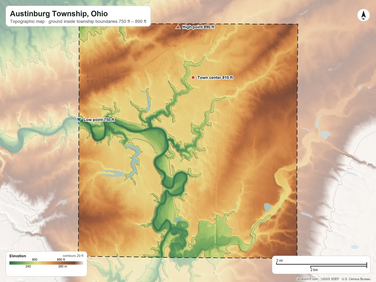 Topographic elevation map of Austinburg Township, Ohio, shaded from 750 ft on the west side to 890 ft on the north side