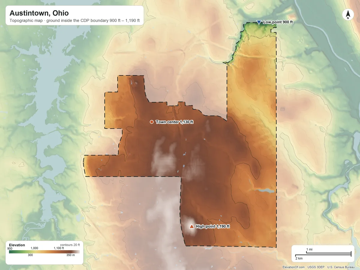 Topographic elevation map of Austintown, Ohio, shaded from 900 ft on the northeast side to 1,190 ft on the south side