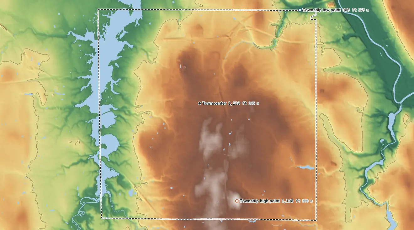 Topographic elevation map of Austintown Township, Ohio, shaded from 900 ft on the northeast side to 1,190 ft on the south side