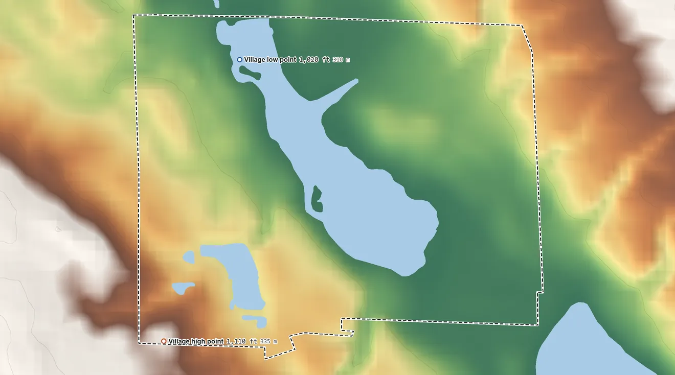 Topographic elevation map of Bailey Lakes, Ohio, shaded from 1,020 ft on the north side to 1,110 ft on the southwest side