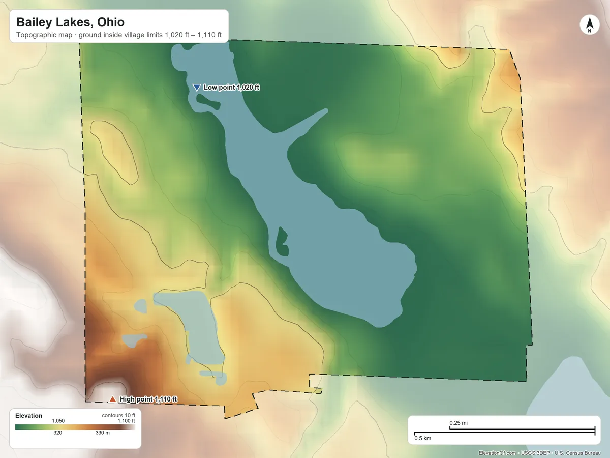 Topographic elevation map of Bailey Lakes, Ohio, shaded from 1,020 ft on the north side to 1,110 ft on the southwest side