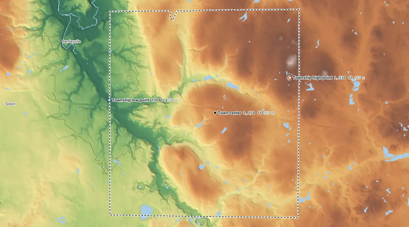 Topographic elevation map of Bainbridge Township, Ohio, shaded from 890 ft on the west side to 1,330 ft on the northeast side